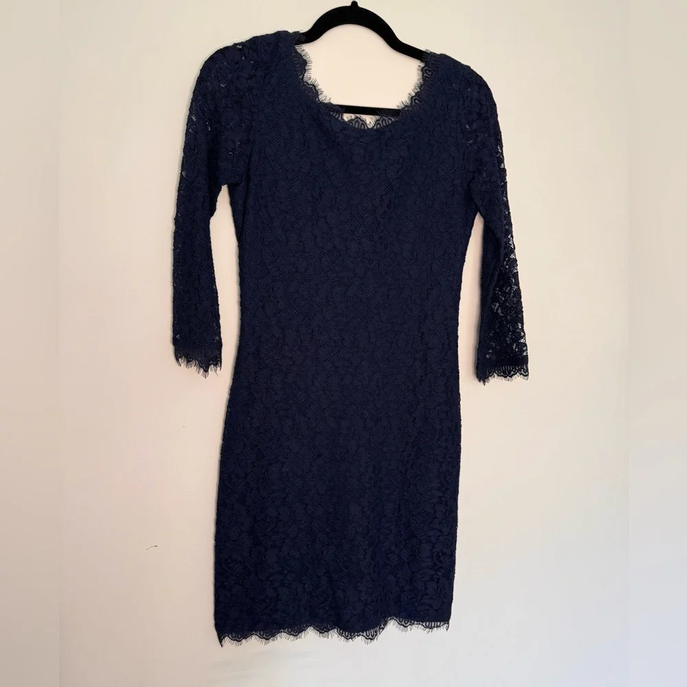 Diane Von Furstenberg Dress Blue Lace Narita Quarter Sleeve Back Zip Silk Midi - Picture 2 of 6